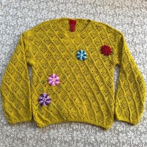 Yellow Cable Knit Sweater with Floral Accents